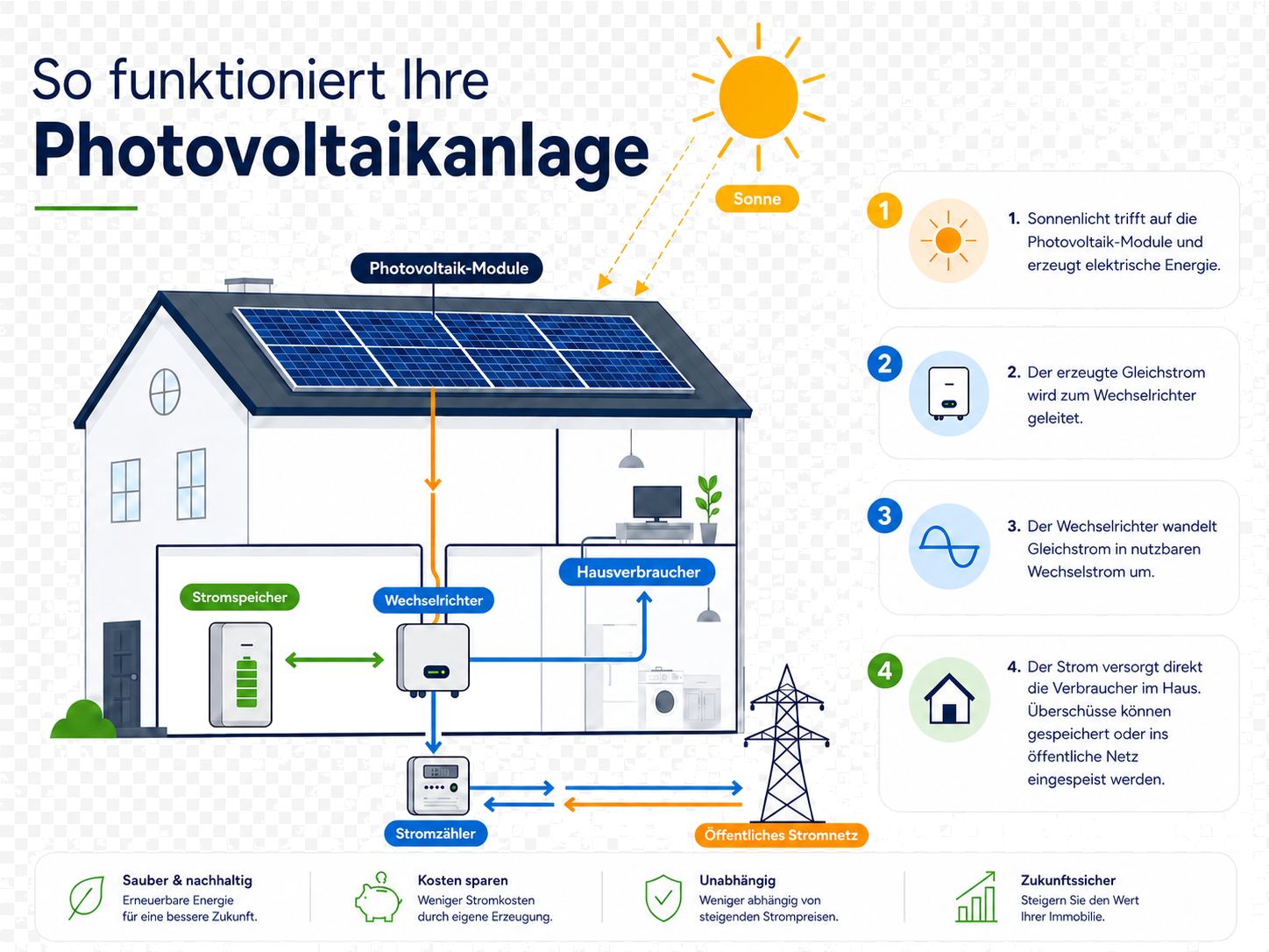 Schema einer Photovoltaik-Anlage: Solarmodule, Wechselrichter, Stromspeicher, Verbraucher im Haus und Einspeisung ins Netz