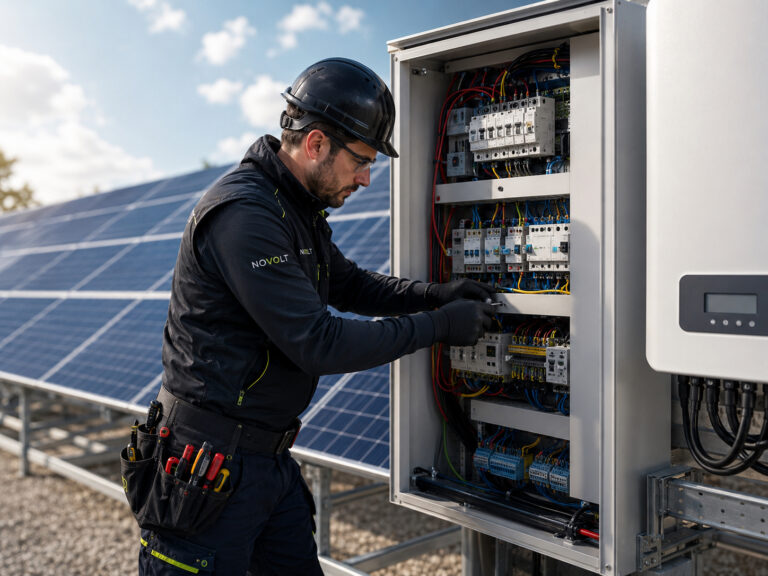 Elektriker prüft den Schaltschrank einer Photovoltaik-Freiflächenanlage